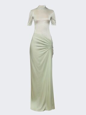 Christopher Esber Fusion Ruched Tee Mock Neck Short Sleeve Maxi Dress Gown Mint